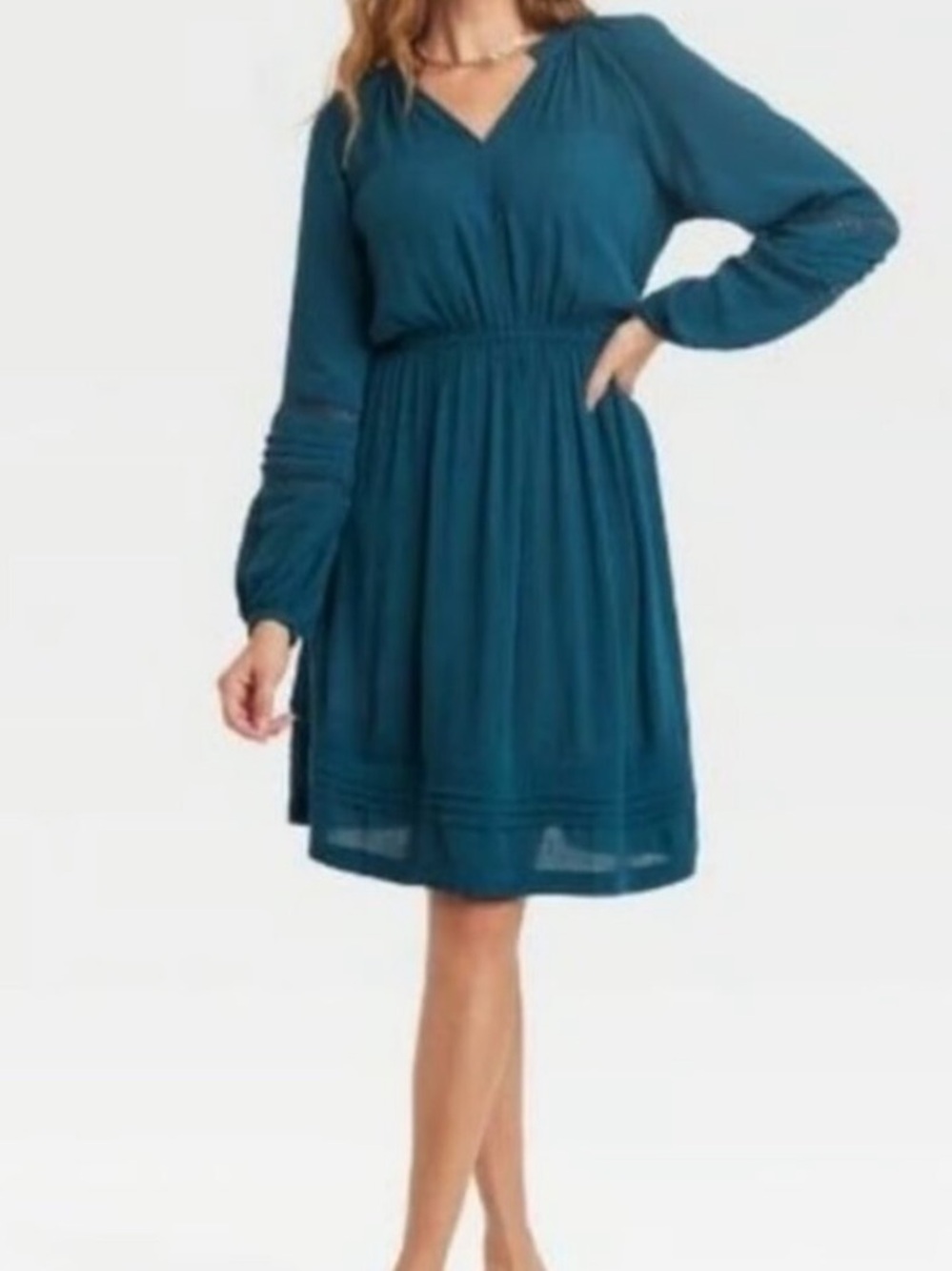 Knox Rose Teal Long-Sleeve V-Neck Pleated Waist Midi Dress. Size Medium